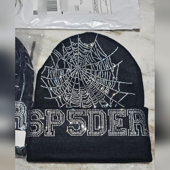 SP5DER, YOUNG THUG, 100% AUTHENTIC BLACK RHINESTONE WEB BEANIE NWT Spider - Picture 5 of 7